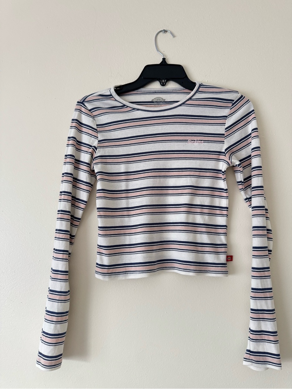 Dickies Cream Striped Long Sleeve Crewneck Top with Navy and Blush